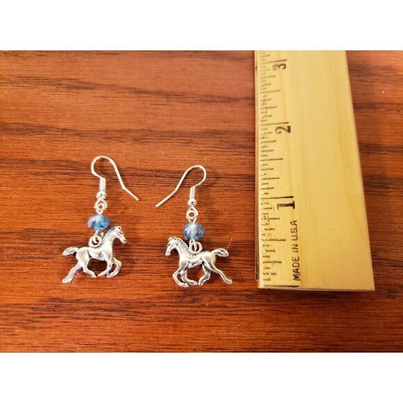 Horse Earrings with Teal Blue Crystal Dangle Drop 1.5 Inch New - Picture 3 of 3